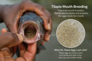 Female Nile tilapia with mouth open showing mouth-brooding eggs inside the oral cavity with a close-up view of tilapia eggs.
