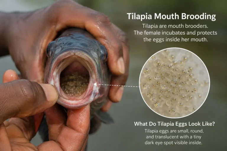 Female Nile tilapia with mouth open showing mouth-brooding eggs inside the oral cavity with a close-up view of tilapia eggs.